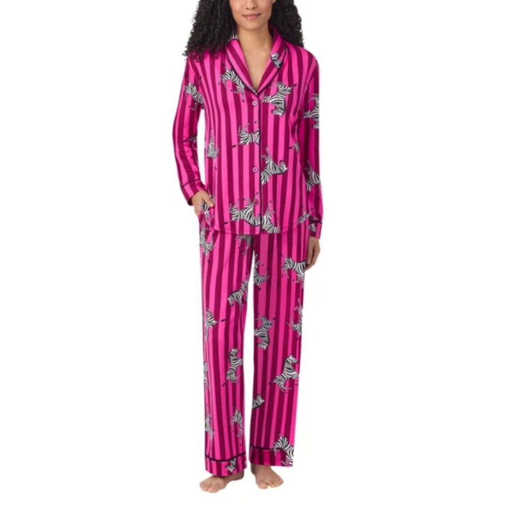NWT Room Service Women's Shawl Collar Pajama Set, Pink Zebra Stripe